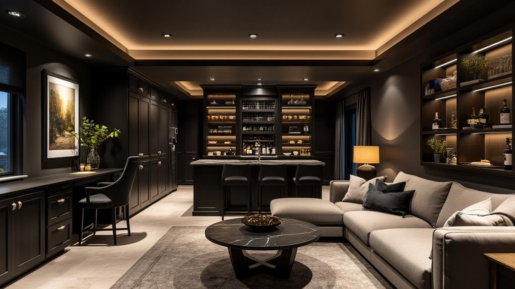 A luxurious, dark-themed basement with a wet bar, a seating area, and a pool table.