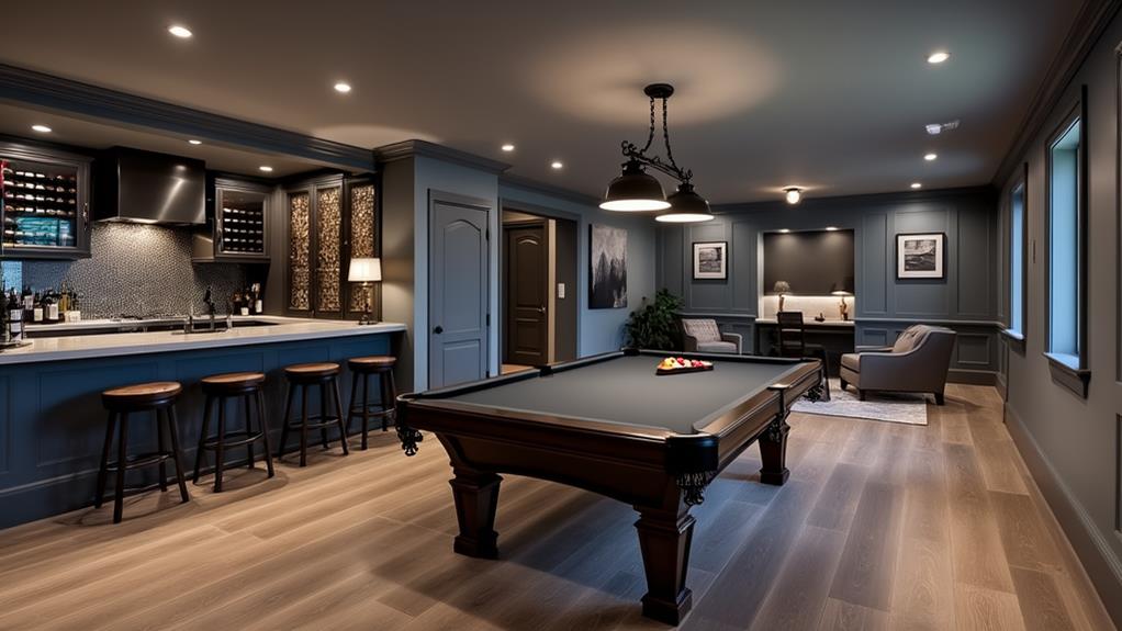 A stylish basement game room with a pool table, a wet bar, and a seating area.