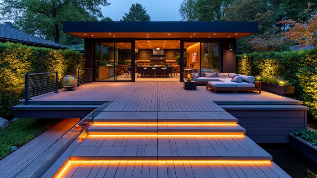 A modern deck with a sleek design, built-in seating, and warm lighting, perfect for outdoor gatherings.