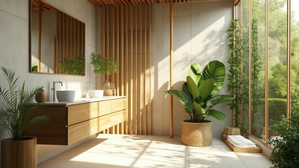 A modern bathroom with natural light, wooden accents, and plenty of plants.