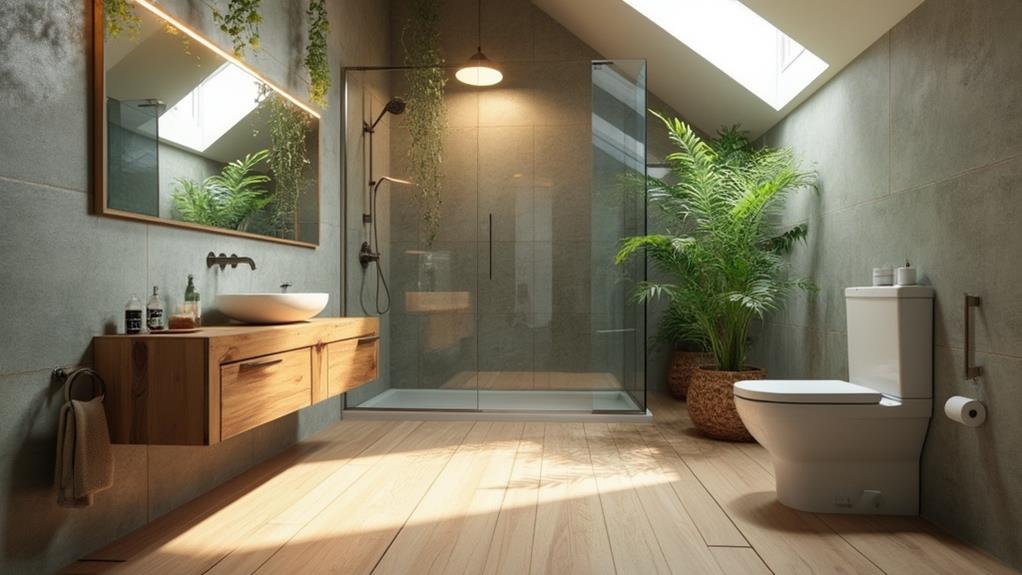 A modern, minimalist bathroom with a focus on natural light and eco-friendly materials.