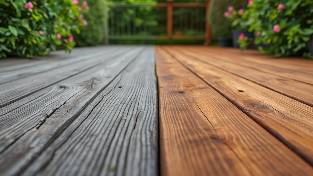 A close-up image of a wooden deck, showing the difference between a treated and untreated section.