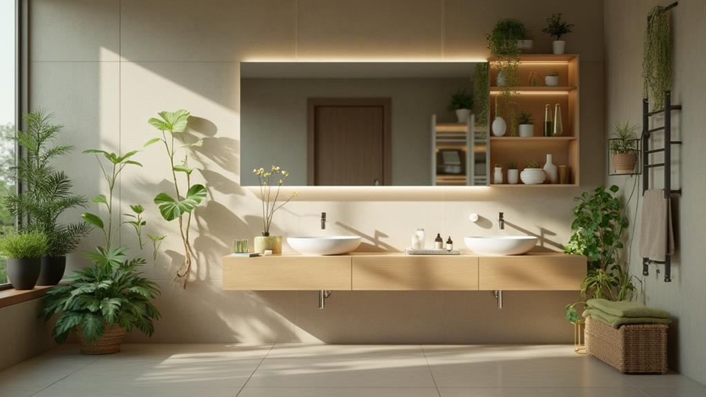 A modern bathroom with a focus on sustainability and natural elements. 