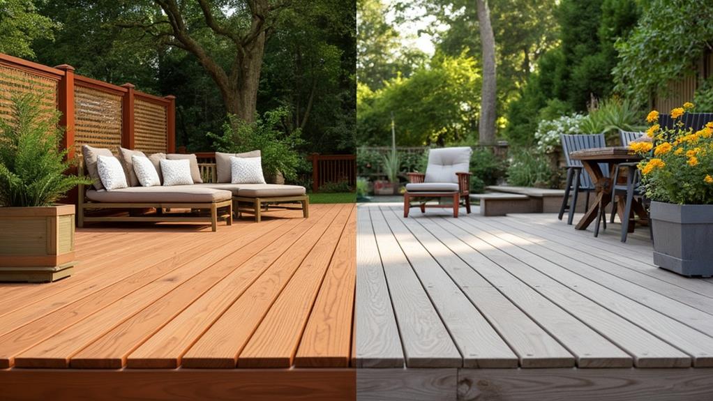 A side-by-side comparison of a wood deck and a composite deck.