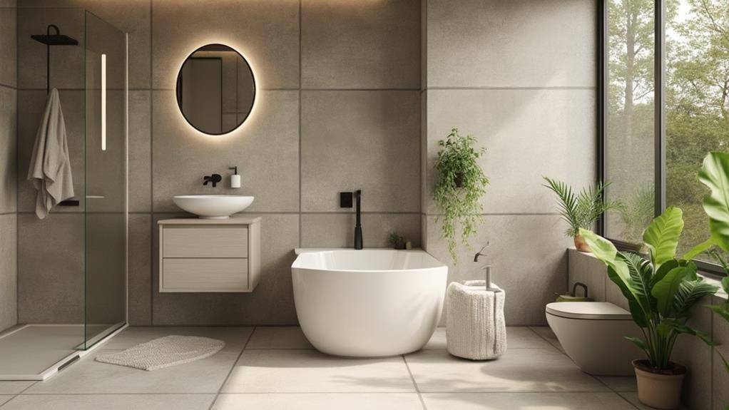 A modern, minimalist bathroom with a focus on natural light and eco-friendly materials. 